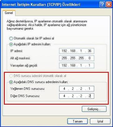 WinXP DNS Sunucu Adresleri