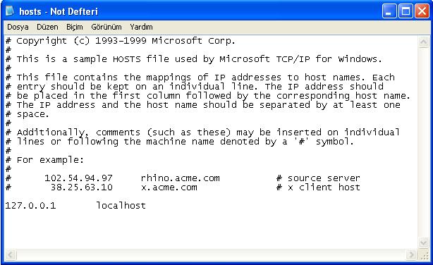 WinXp Örnek Hosts Dosyası